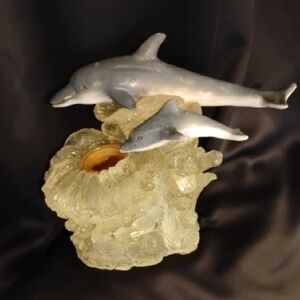Vintage Elegant Dolphins On A Wave | Glass & Resin Sculpture W/Fountain Opening
